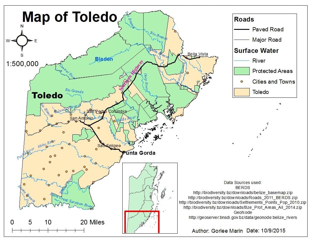 რუკა toledo რაიონის ბელიზი